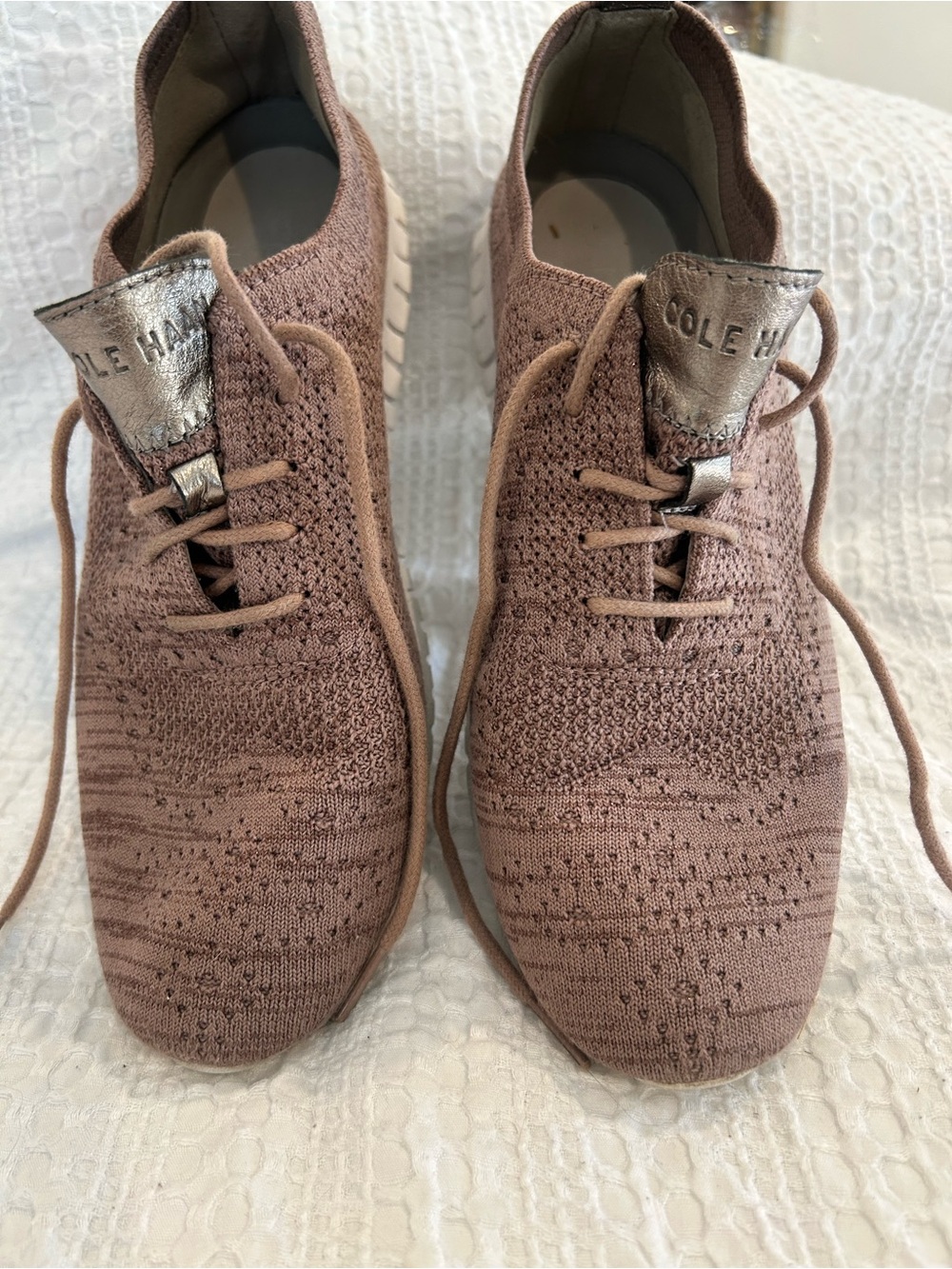 Cole Haan Women Knit Lace-Up Sneakers in Rose Taupe with Metallic Silver Tongue